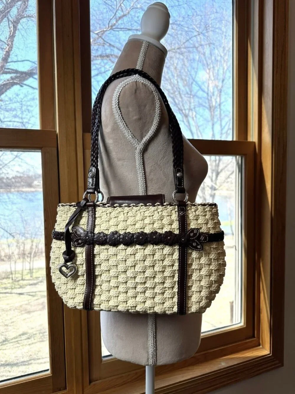 Brighton Peggy Straw Leather Tote Woven Basket Floral Trim Charm Bag - Picture 2 of 10